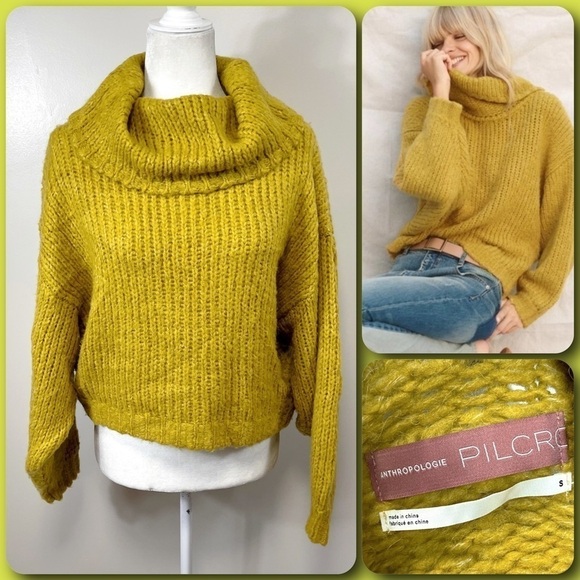 Pilcro ANTHRO Mustard Cowl Neck Long Sleeve Alpaca Wool Blend Yarn Sweater SMALL - Picture 1 of 10